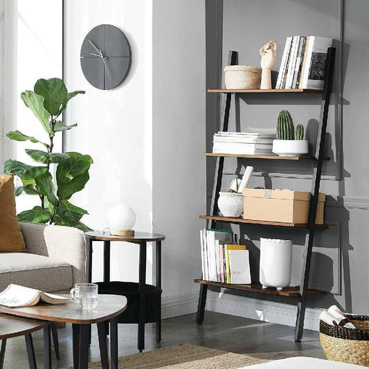 4 Tier Ladder Shelf Bookshelf Wooden Iron Wall Stand Storage Rack Shelving Unit