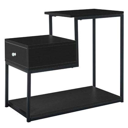 Black Single Drawer Small Side Table Ladder Tiered Shelf Bedside Storage Cabinet