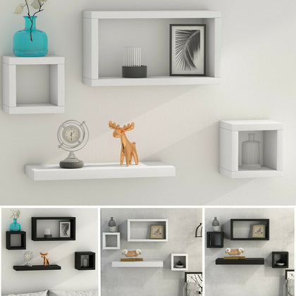 Set Of 4 Wooden Floating Cube Shelves Wall Hanging Storage Display Deco Shelving