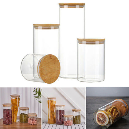 Kitchen Glass Airtight Bamboo Lid Storage Jar Candy Rice Food Canister Container
