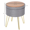 Round Linen-Look Storage Ottoman Footstool Wood Frame w/ Metal Legs Grey
