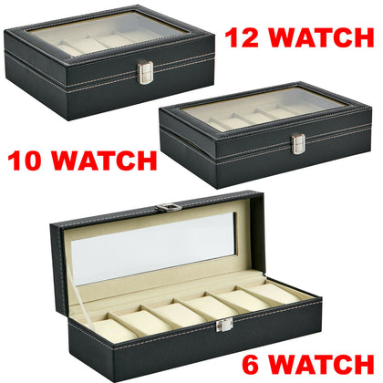 MENS 6 10 12 GRIDS PU LEATHER WATCH DISPLAY CASE COLLECTION STORAGE HOLDER BOX