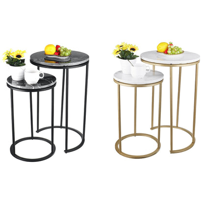 Marble Effect Sofa Side End Table Small Round Coffee Table Metal Leg Black Gold