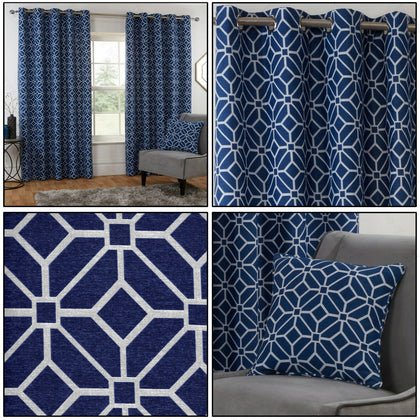 Navy Blue Eyelet Curtains Kelso Geometric Mosaic Lined Ring Top Curtains Pair