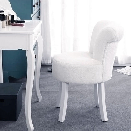 White Fluffy Dressing Table Stool Vanity Makeup Chair Scroll Back Padded Seat