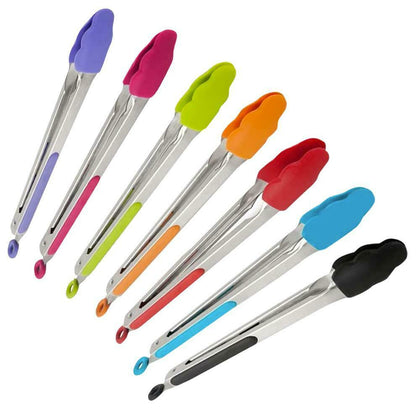 Silicone Kitchen Cooking Salad Serving BBQ Tongs Stainless Steel Handle Utensil