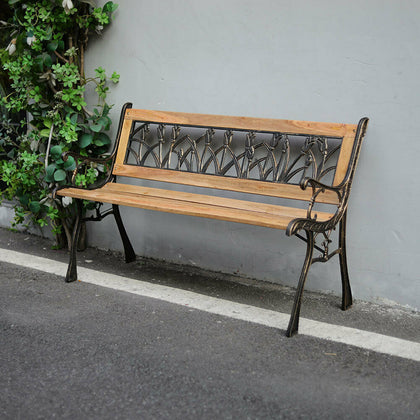 Garden Bench 3 Seater Iron Tulip Back Wood Slat Outdoor Chair Seating Furniture