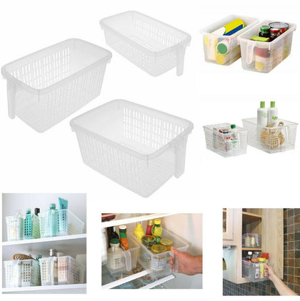PLASTIC HANDY BASKET STORAGE TIDY ORGANISER PHARMACY HOME OFFICE FRIDGE BASKETS