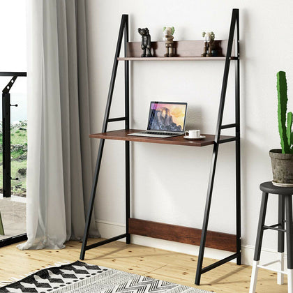 2-Tier Metal Ladder Wood Computer Office Desk Laptop Writing Table Storage Shelf