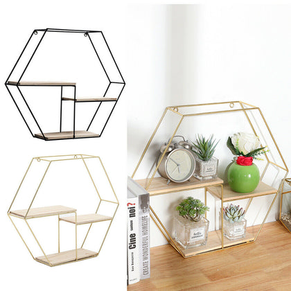 Hexagon Metal Wire Wall Shelf Loft Dorm Decor Storage Floating Shelf Display NEW