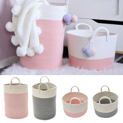 Foldable Woven Hamper Pompom Handle Laundry Washing Clothes Storage Basket Toys