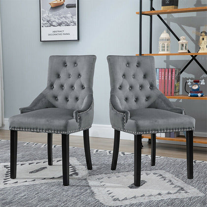 2x Accent Dining Chairs Grey Button Tufted Velvet with Rivets Knocker Chairs New