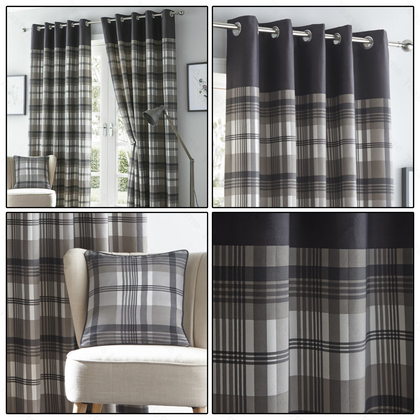 Grey Eyelet Curtains Tartan Check Plaid Modern Ready Made Lined Ring Top Pairs