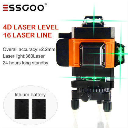 16 Line 4D 360° Rotary Green Laser Level Self Leveling Measure Tools 2 Battery