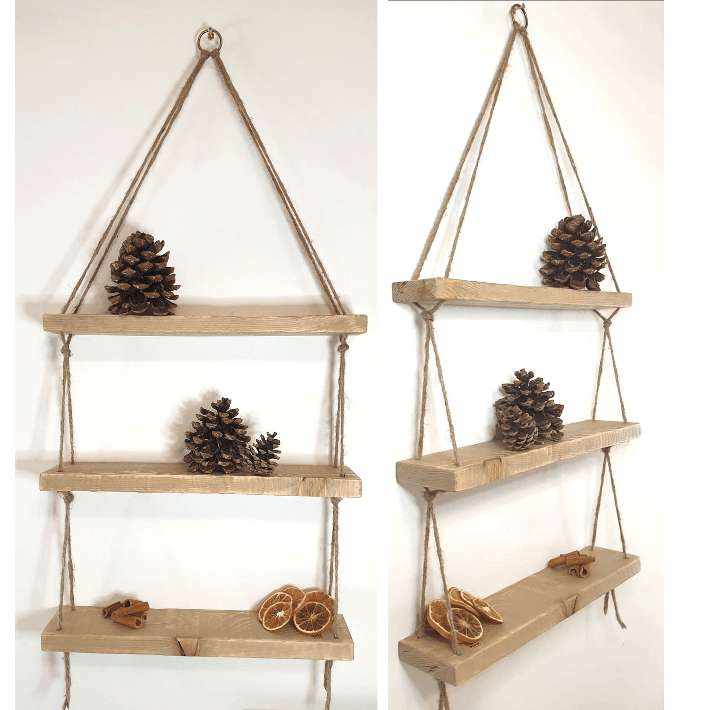 Rustic Shabby Chic Handmade Rope Shelves Wooden Natural Wood Hanging 3 Tier 40cm