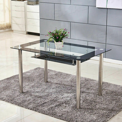 2 Tier Tempered Glass Dining Table Chrome Legs Kitchen Dining Room Storage Shelf
