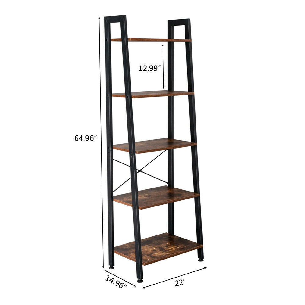 5-Tier Ladder Shelf Bookshelf Bookcase Plant Stand Book Storage Rack Metal Wood