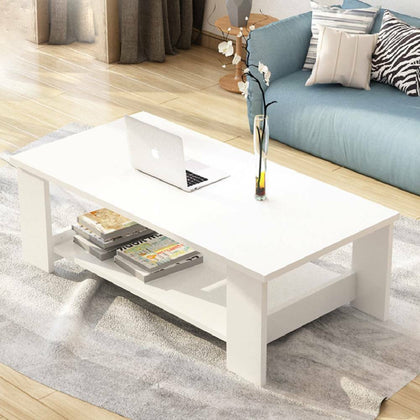 2 Tier Wooden Coffee Table Rectangle Living Room Table Storage Open Low Shelf