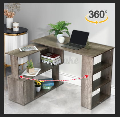 Black Corner Computer Desk 360°Rotating L-Shaped Table Storage Shelf Home Office