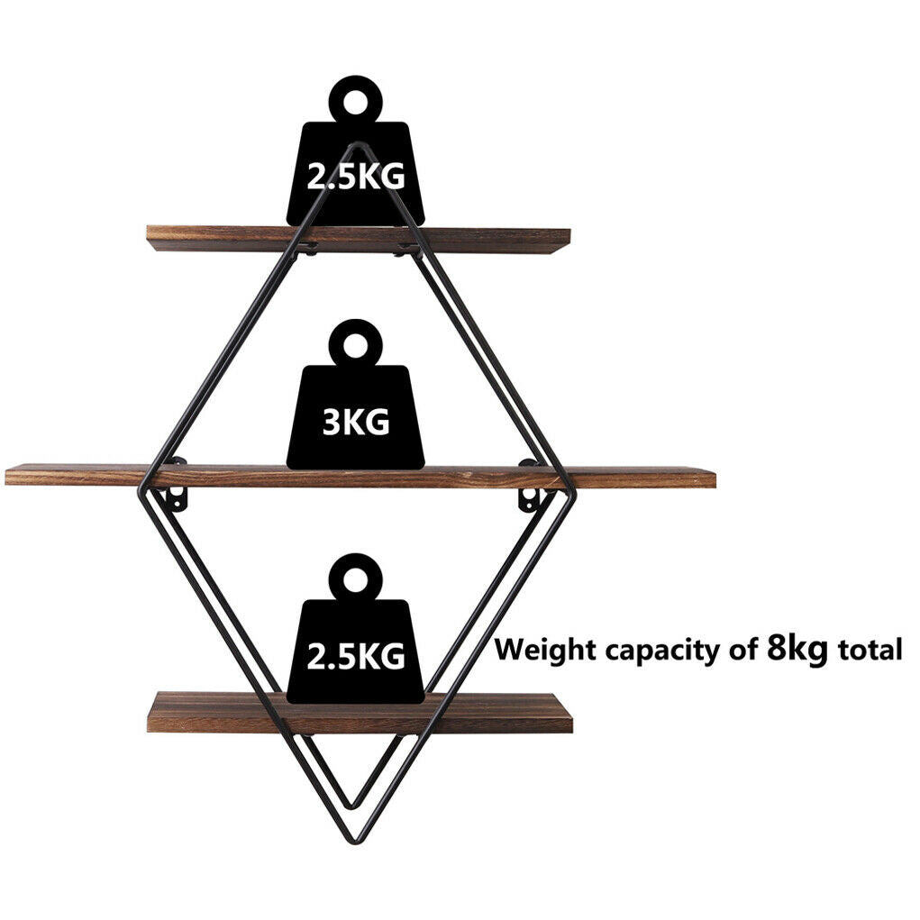 3 Tiers Diamond Floating Shelf Wall Mounted Storage Shelving Vintage Wooden Rack