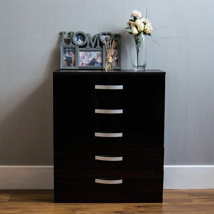 Hulio Drawer Chest 5 Drawers High Gloss Wood Storage Bedroom Furniture Black