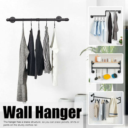 Heavy Duty Pipe Clothes Rail Wall Mounted Garment Rack Hanging Display Clothing