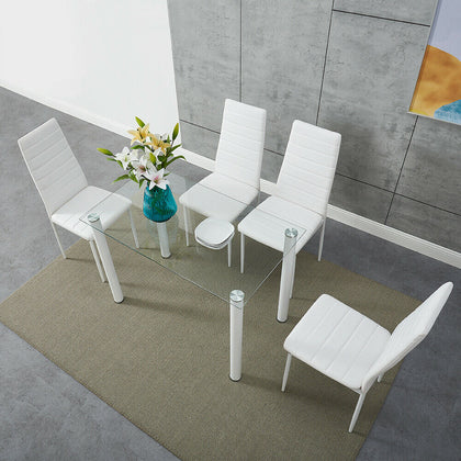 Modern Clear Glass Dining Table and 4 Padded Chairs Set in White Home Furniture