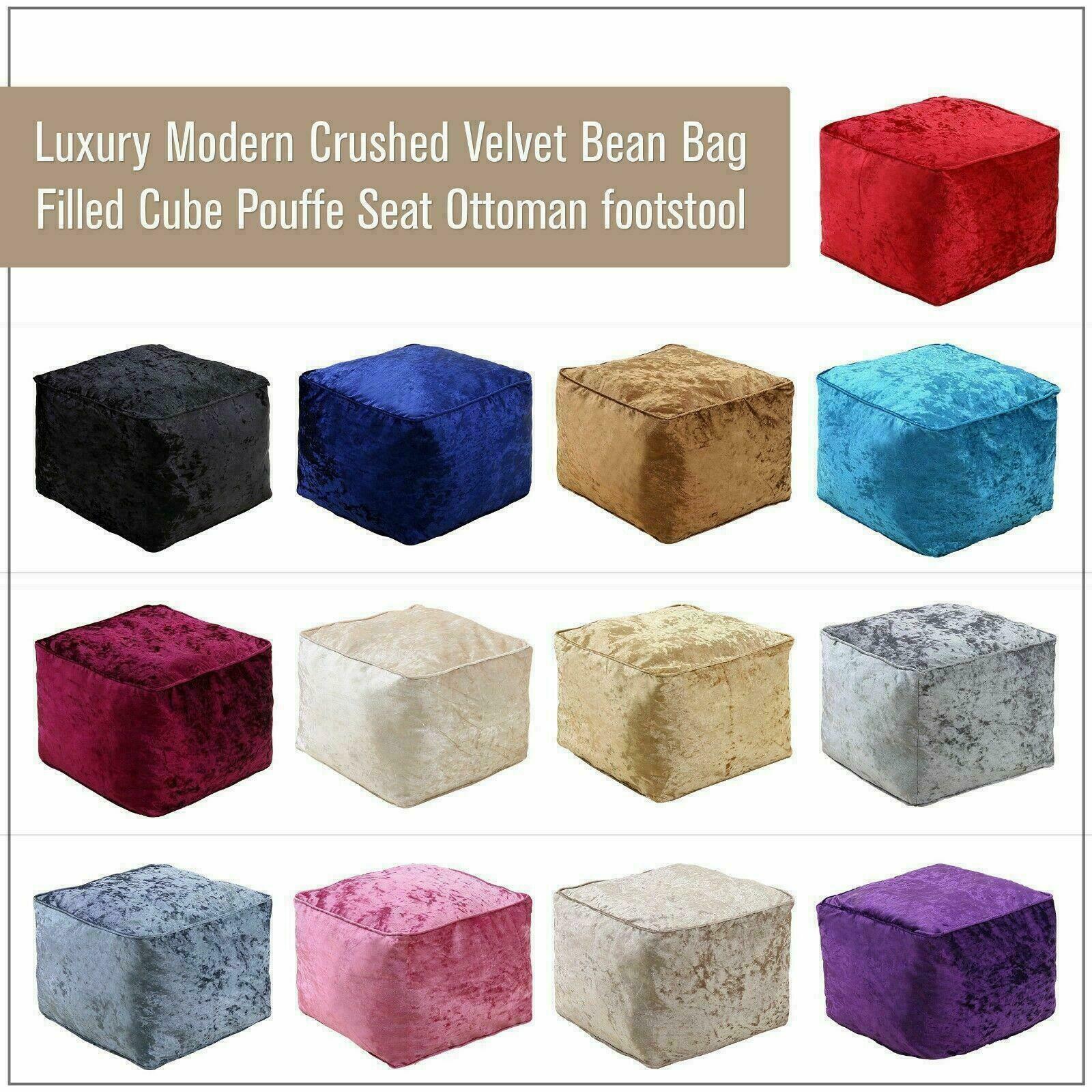 NEW LUXURY CRUSHED VELVET SOFT BEAN BAG CUBE FOOT STOOL REST POUFFE OTTOMAN