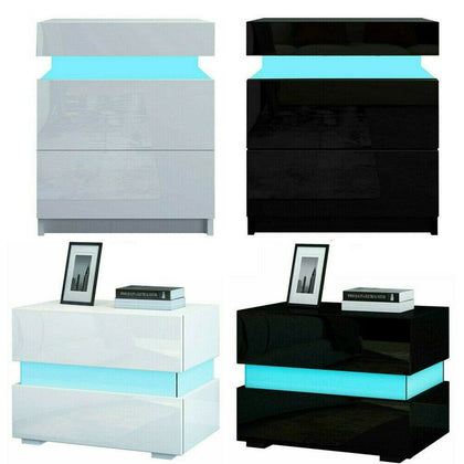 High Gloss Bedside Table Nightstand Cabinet Chest of 2 Drawer RGB LED Light Lamp