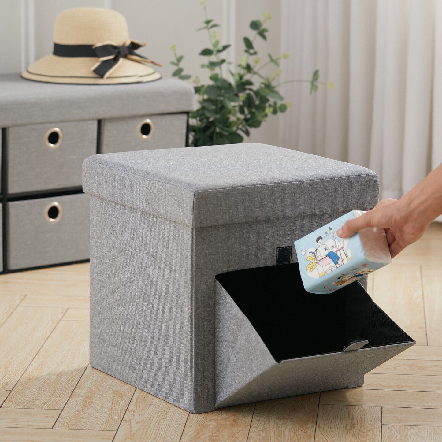 Linen Storage Stool Trunk Ottoman Pouffe Seat Footstool Chair Rect Box ChestGrey