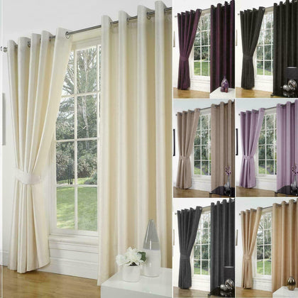 Luxury Faux Silk Slubbed Curtains Pair Eyelet Ring Top Lined With Tiebacks Set