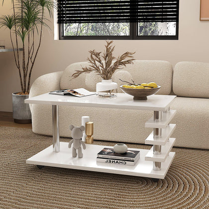 5 Tiers Coffee Table High Gloss Pillar LED Lights Sofa End Table for Living Room