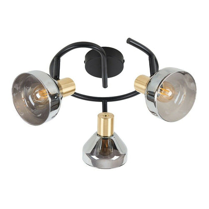 Industrial 3 Way Ceiling Light Spot Lights Black & Gold Smoked Glass Shades LED