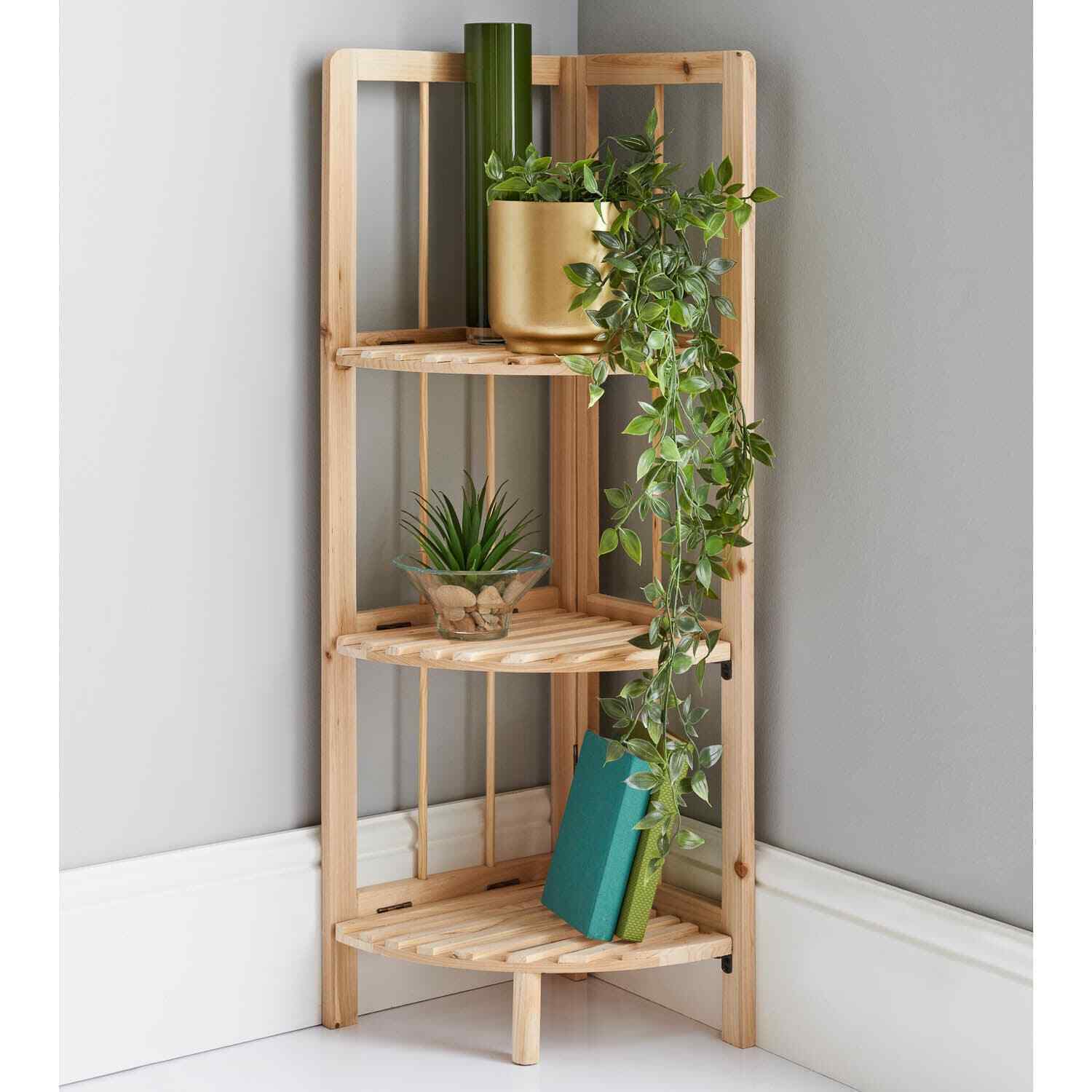 3 TIER WOODEN CORNER SHELVING RACK UNIT DISPLAY STAND DECORATION NATUR ...