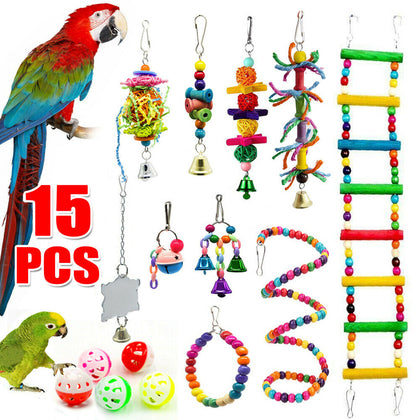 15 Pack Parrot Set Toys Metal Rope Small Ladder Stand Budgie Cockatiel Cage Bird