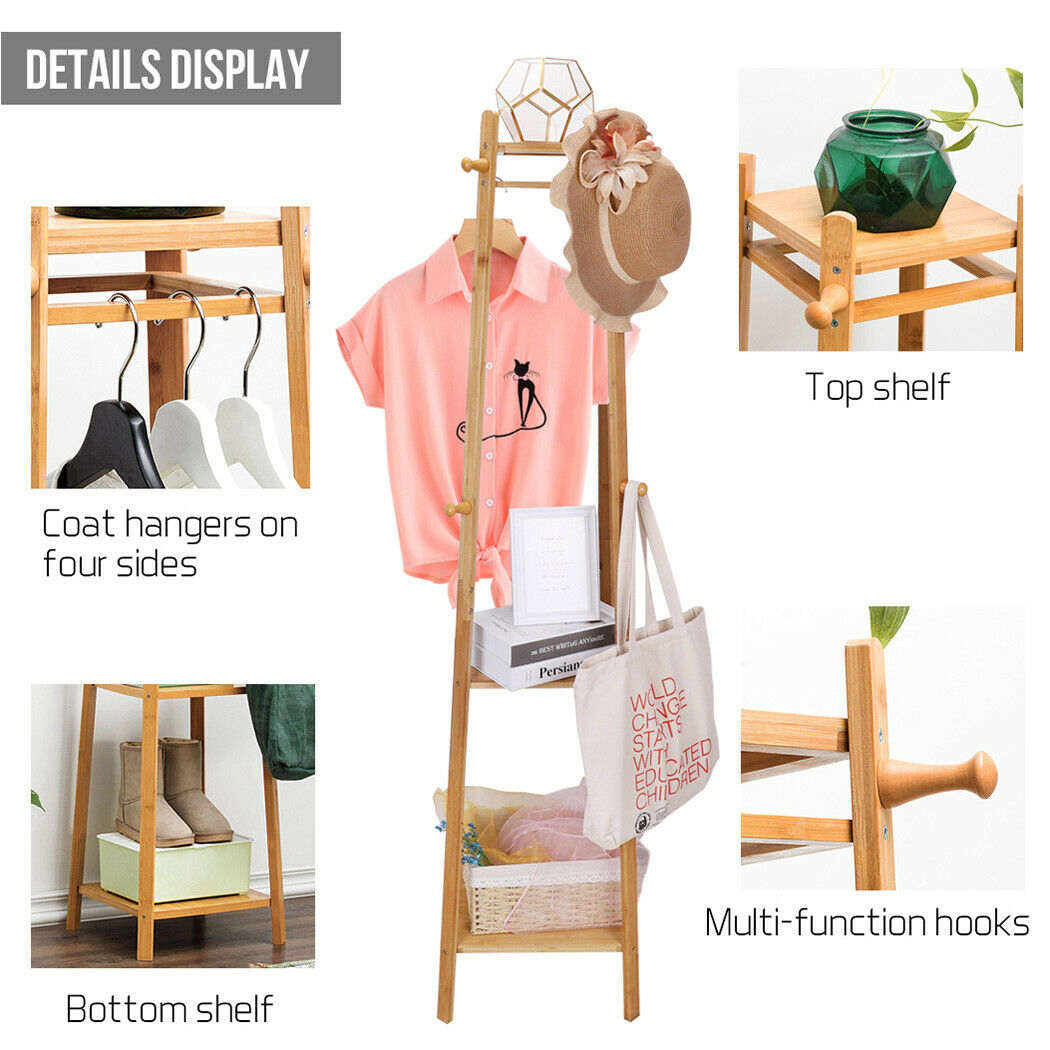Entryway Hats Coats Rack with Shoes Shelf Set Storage Hallway Organizer Bamboo