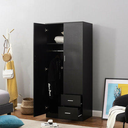 Bedroom Furniture 2 Door Wardrobe Matt Black Storage With Shelf Hanging Rail UK