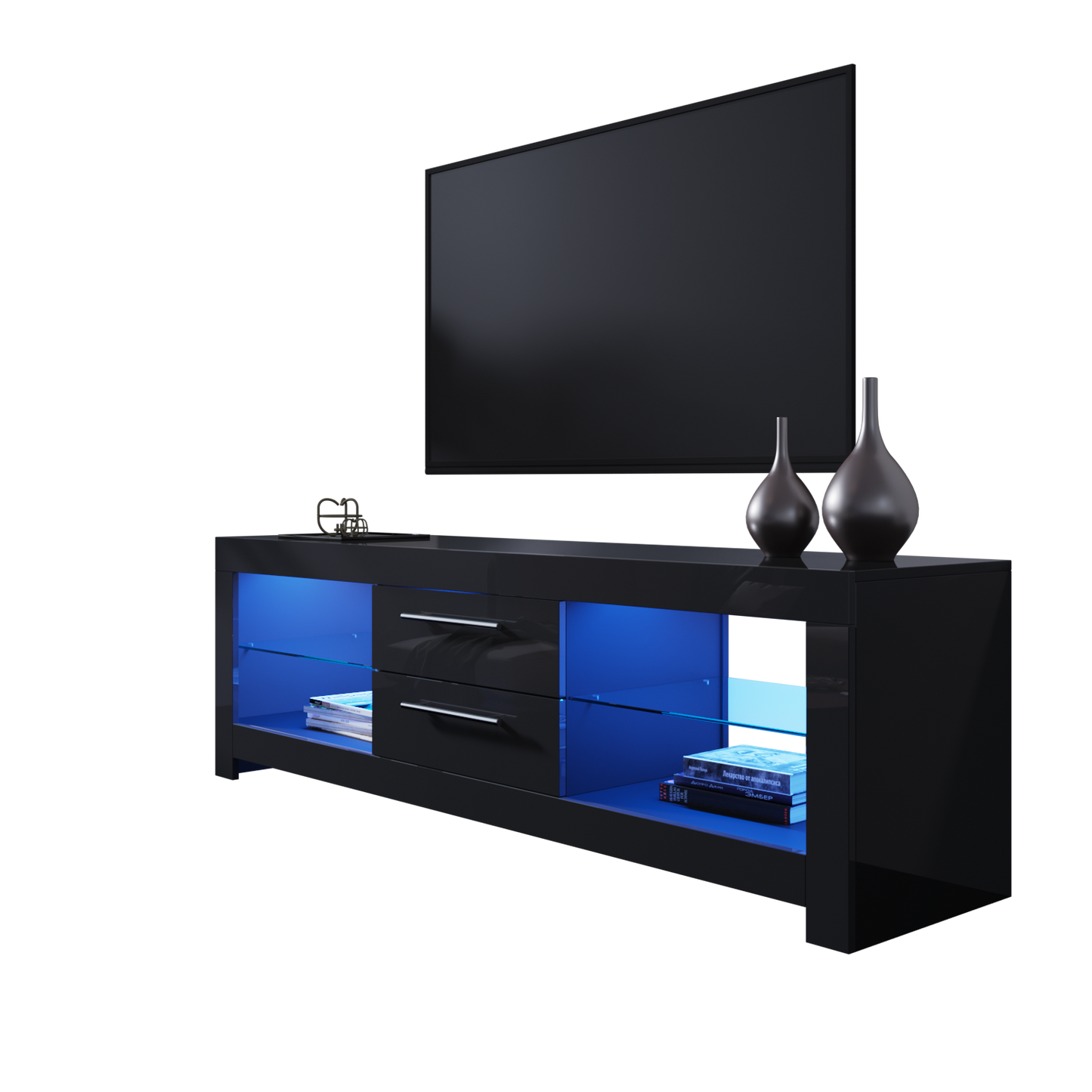 Black TV Stand Unit Cabinet Modern High Gloss Drawers 160cm with RGB LED Light