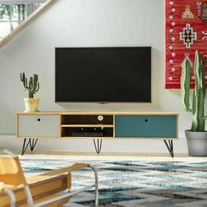 Industrial TV Stand Unit 2 Drawers Media Storage Hairpin Legs Retro TV Cabinet