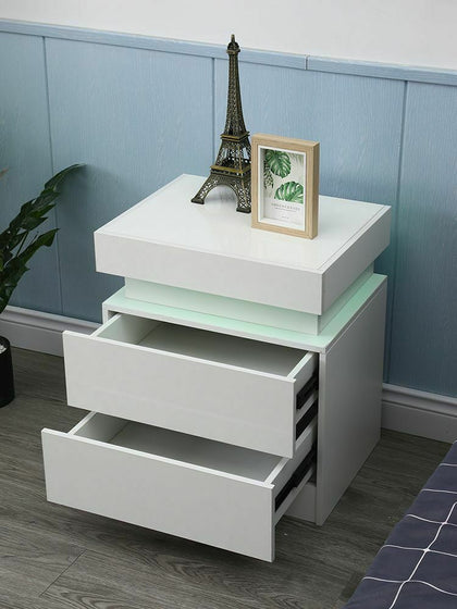 Modern Nightstand Bedside Table W/ 2 Drawer LED Light High Gloss White Black NEW