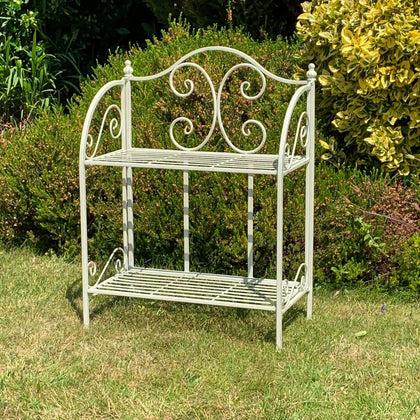Cream Antique Design 2 Tier Metal Flower Plant Display Shelf Outdoor Indoor