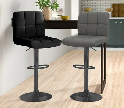2x Matt Matte Black Gas Lift Swivel Faux Leather Kitchen Breakfast Bar Stools