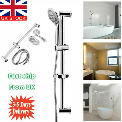 Adjustable Chrome Shower Slider Riser Rail Bar Kit Set Modern Head + Hose Holder