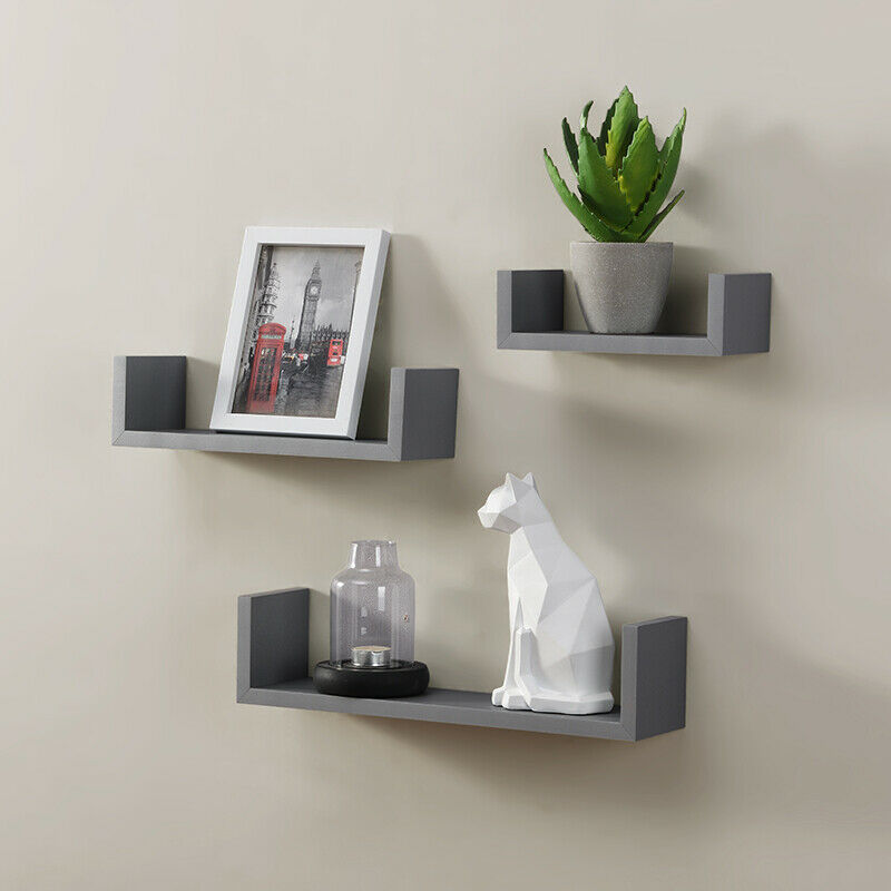 Set of 3 U Shape Floating Wall Shelf Storage Display White Black Oak Grey Blush