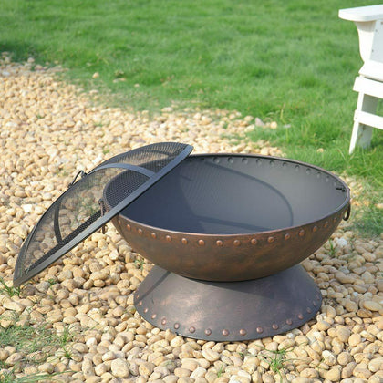 Cup Shape Fire Pit BBQ Firepit Brazier Stove Patio Heater Grill With Poker & Lid