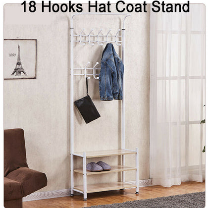 18 Hooks Metal Hat and Coat Stand Clothes Shoe Rack Hanger Wooden Shelf White UK