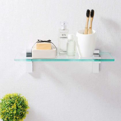 NEW CLEAR GLASS FLOATING WALL MOUNTED BATHROOM SHELF WITH CHROME BRACKETS