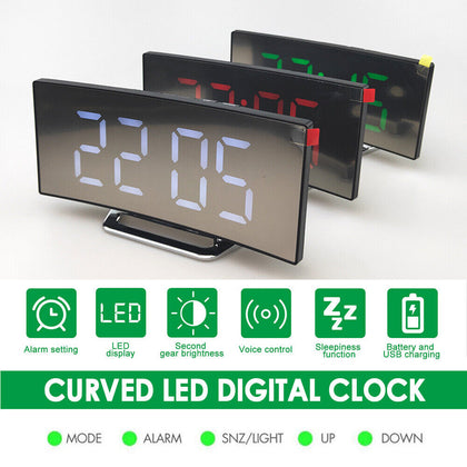 LED Curved Digital Alarm Clock Mirror Clock w/ Temperature Time Display
