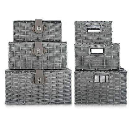 Set of 3 Resin Wicker Woven Storage Baskets Hamper Box With Lid Lock Grey