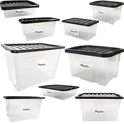 Quality Plastic Storage Boxes Clear Box With Black Lids Home Office Stackable UK